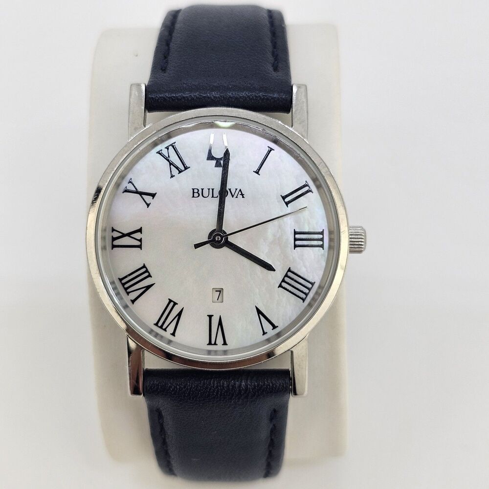 Bulova Women's Watch 32MM MOP Dial Roman Numerals Blue Leather Bands New Battery